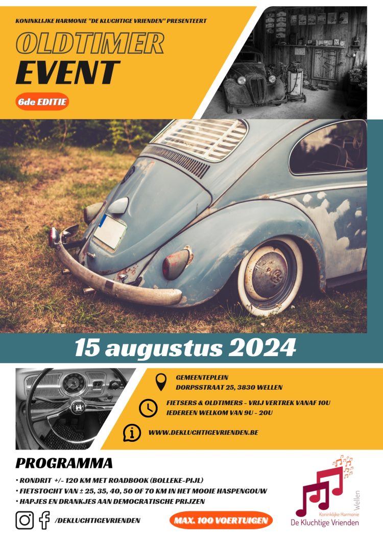 Oldtimers op het gemeenteplein tijdens het 6e Oldtimer Event in Wellen, 15 augustus 2024.